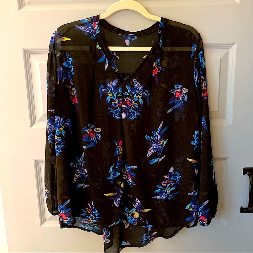 Black Floral V-Neck Long-Sleeve Sheer Blouse